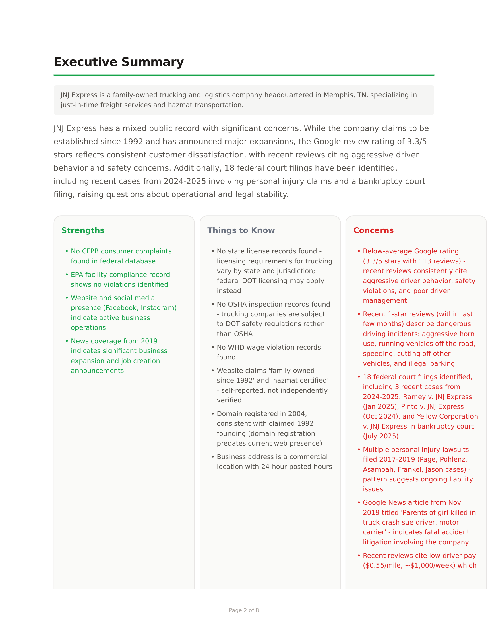 Sample Vett Report — executive summary with strengths and concerns